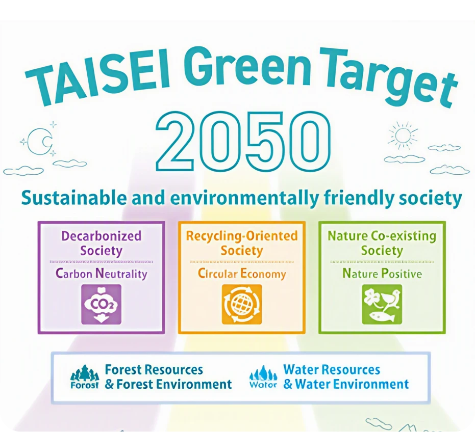 TAISEI Green Target 2050 持続可能な環境配慮社会の実現 脱炭素社会 循環型社会 自然共生社会 森林資源・森林環境 水資源・水環境 「環境法令の厳守」「環境事故ゼロ」